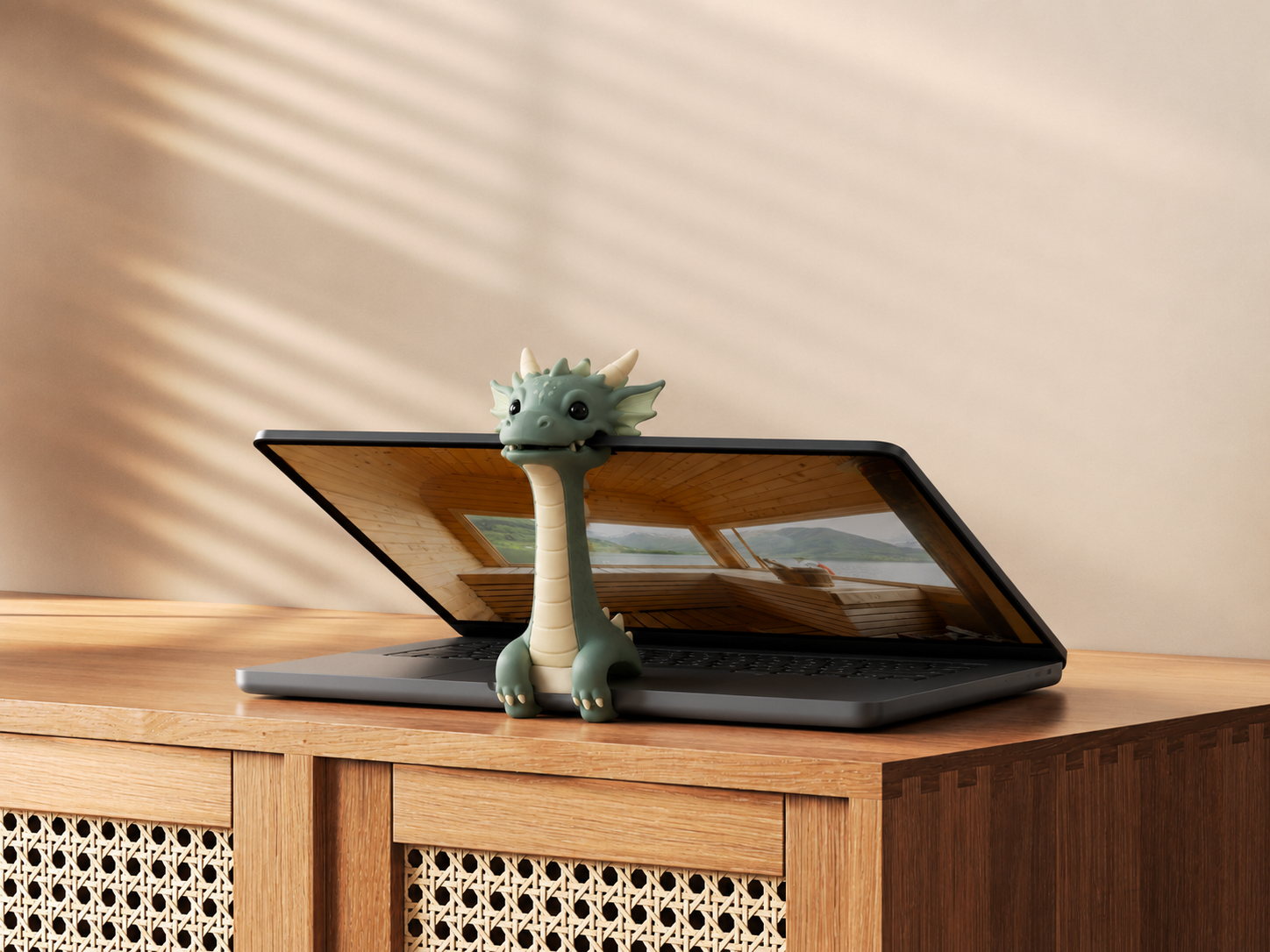Lidhero character holding a laptop open