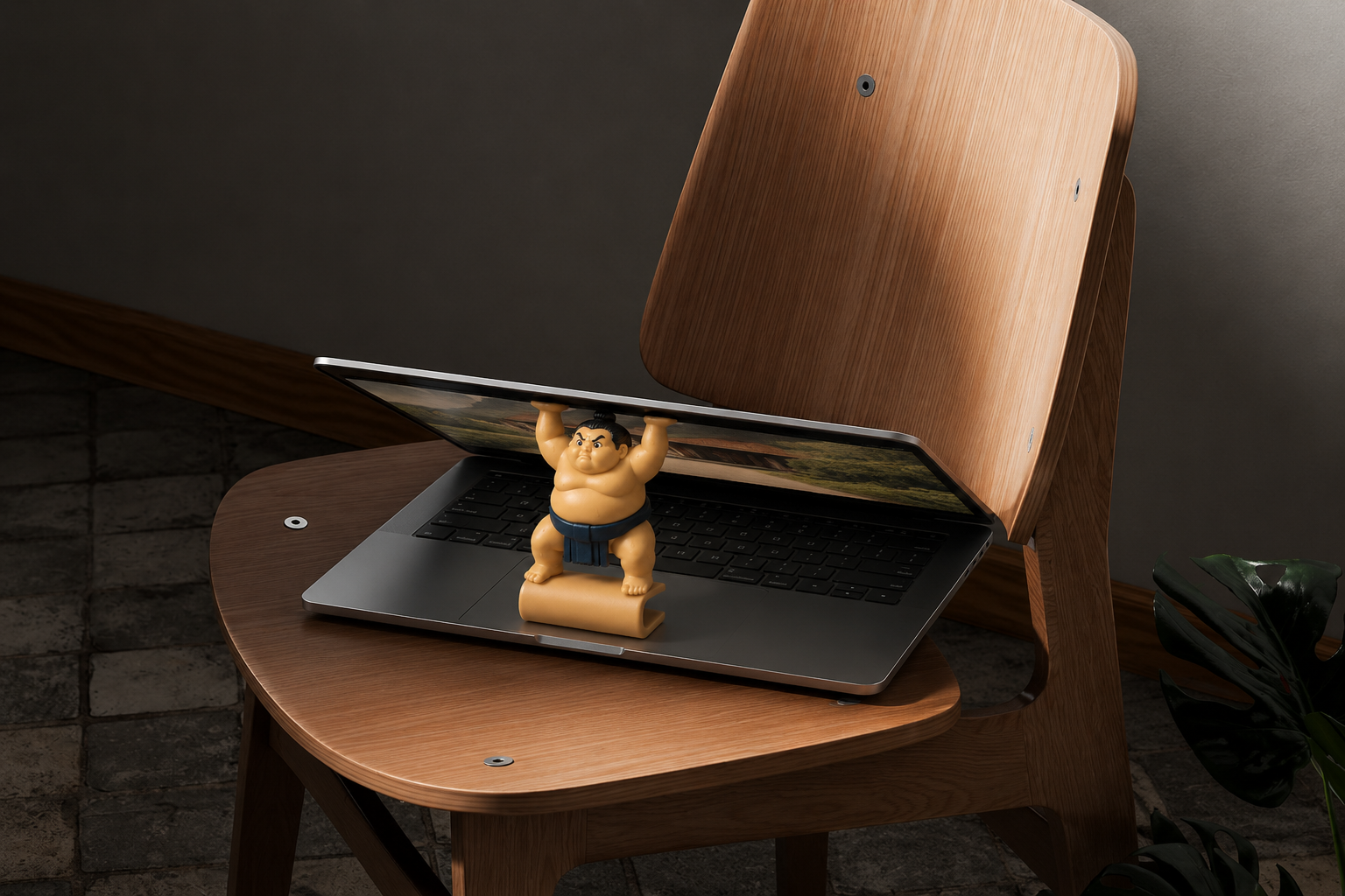 Lidhero character holding a laptop open