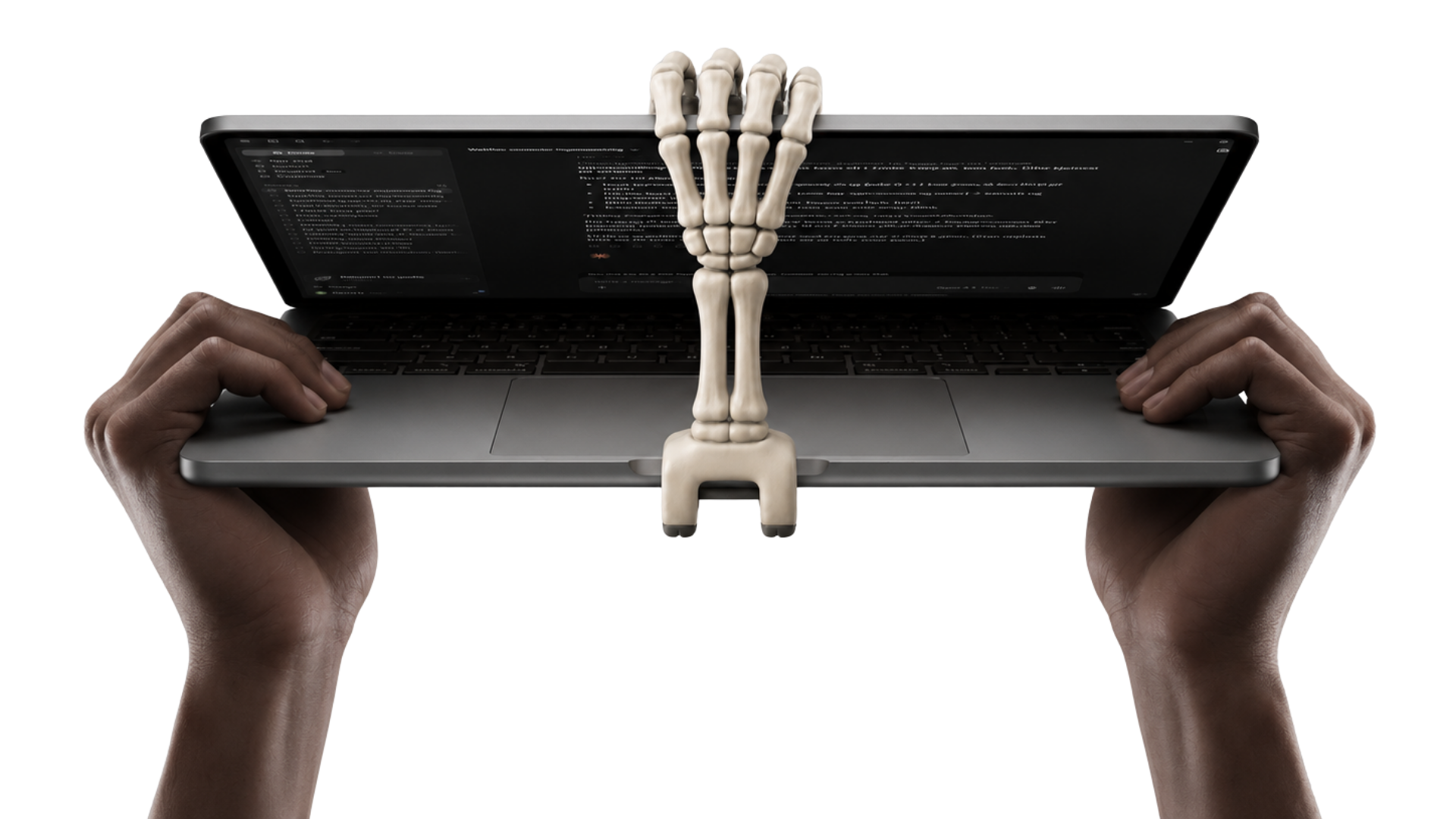 A character grip holding a laptop screen open