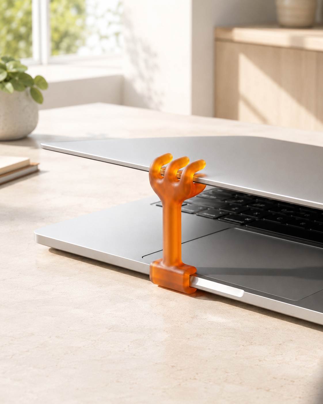 The hand being clipped onto a MacBook